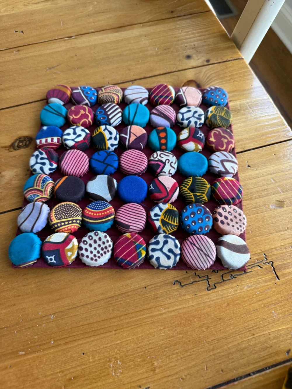 Handmade Fabric Covered Bottle Cap Trivet Features a Primitive, Rustic Design
